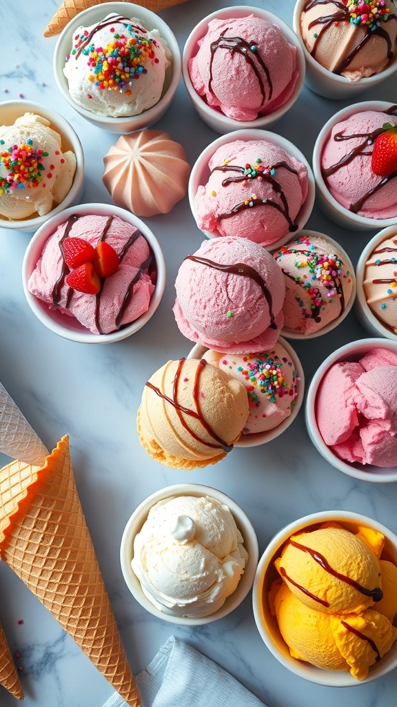 Aesthetic display of colorful ice cream scoops with toppings on a table.
